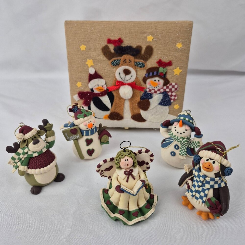 Vintage  Polymer Clay Dough Style Christmas Ornaments Set of 5